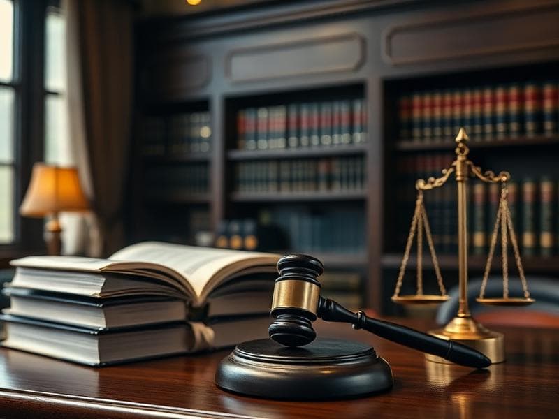 Law office with legal books and scales of justice